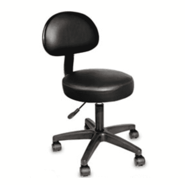 circular, black, rolling, leather chair with back rest